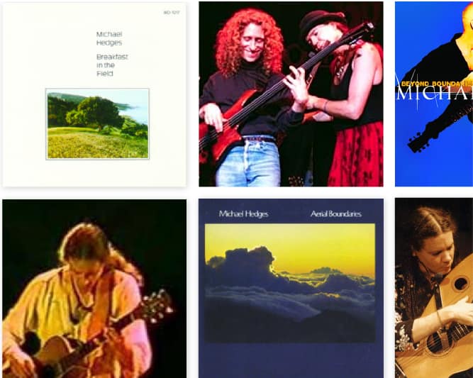 Photo Credits: Matt Guthrie DeLange (top middle); Unknown (bottom left); Unknown (bottom right) grid of images with 3 album covers and 3 photos of Michael playing guitar